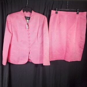 Louis Feraud Pink Silk Cotton Floral Jacquard Skirt Suit Set Blazer US 14 NEW
